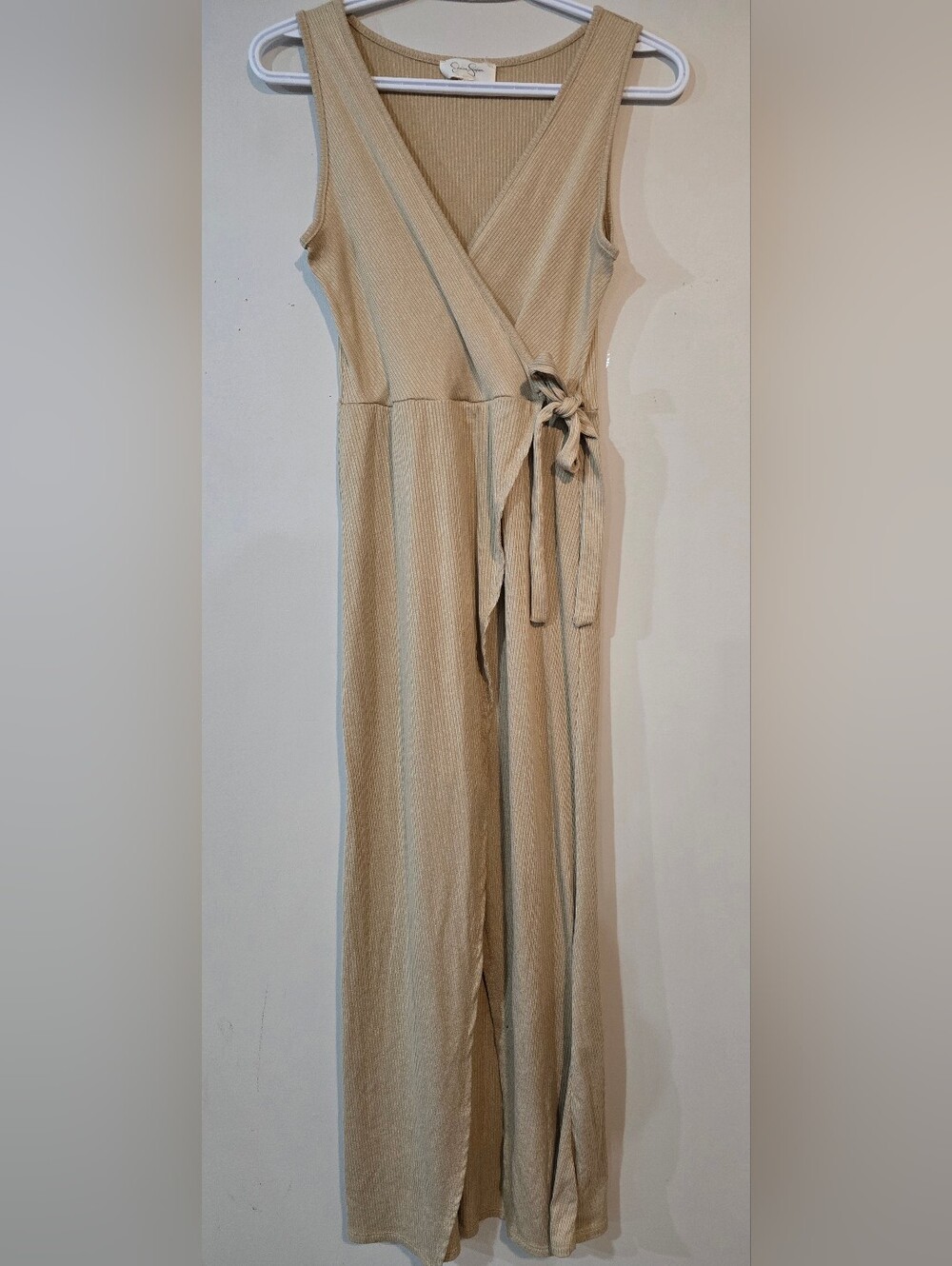 Jessica Simpson Tan Ribbed Maxi Wrap Tie Dress.